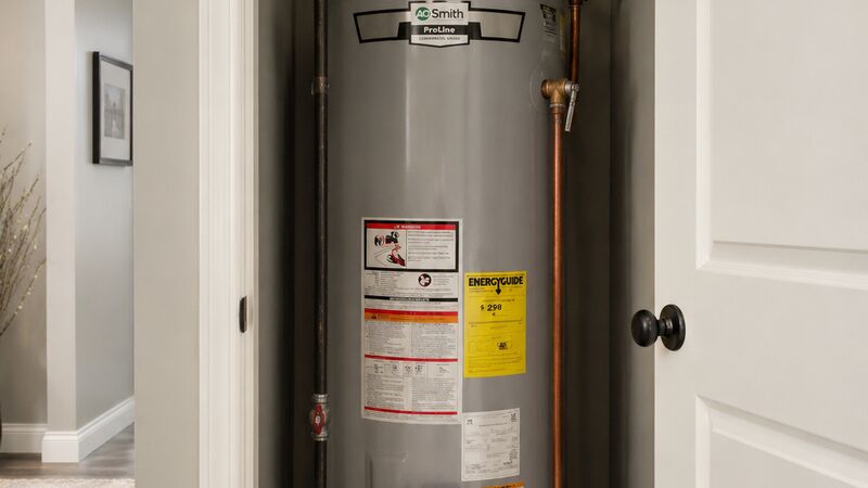 A.O. Smith ProLine residential gas water heater installed in a closet with copper supply lines and an expansion tank overhead